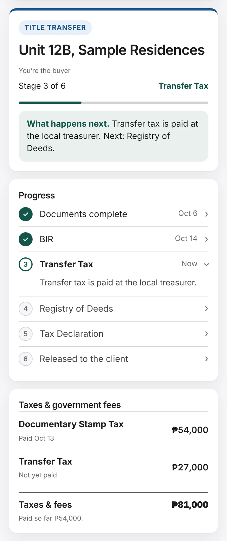 A client's title transfer in the NextSpace app: stage 3 of 6, Transfer Tax, with the taxes paid so far